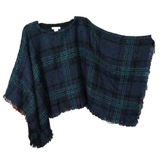 Orvis Plaid Fringe Poncho One Size Navy Green Soft Knit Cape Wrap Shawl - Picture 4 of 8